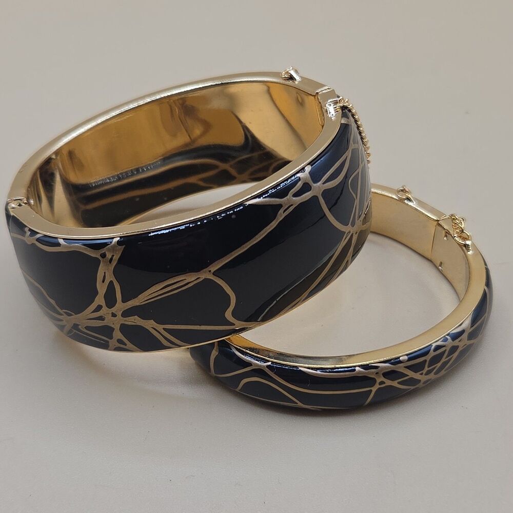 Vintage Enamel Clamper Bracelets Pair Black & Gold Tone 80's Bangle Chunky